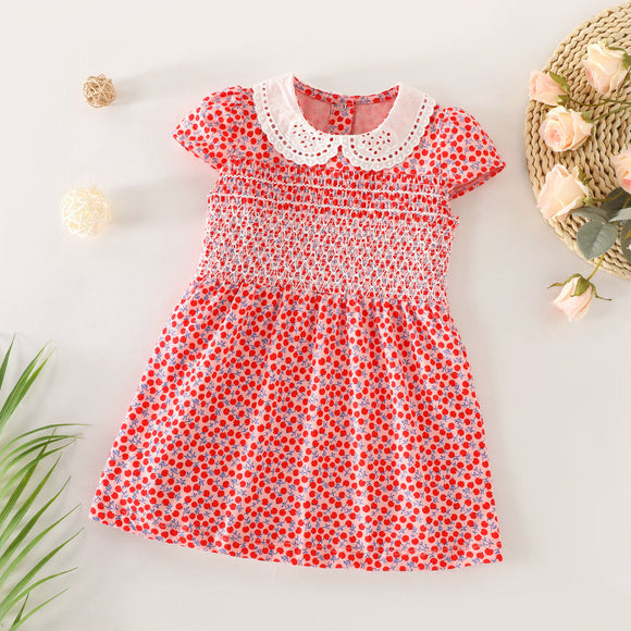 100% Cotton Shirred Cherry Allover Lace Doll Collar Short-sleeve Pink Toddler Dress