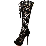 Women's Strap Up Floral Lace High Heels Shoe - vmlfashion-com