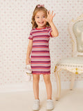 SHEIN Toddler Girls Striped Print Lettuce Trim Dress