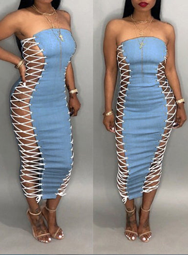 Women demi blue Side Lace Up dress - vmlfashion-com