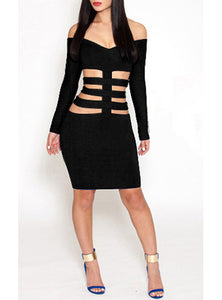 Women off shoulder sexy black dress cut out belly - vmlfashion-com