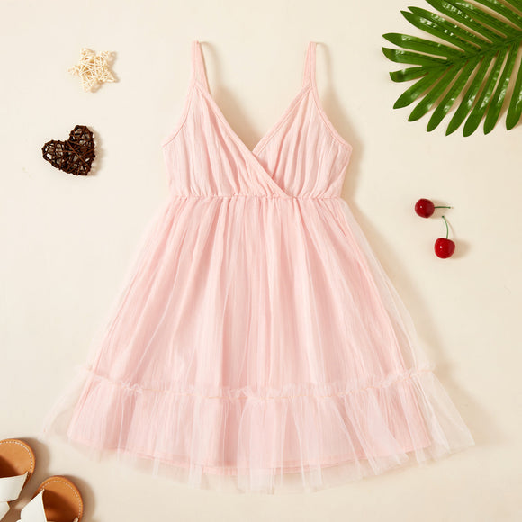 Toddler Girl Summer Casual Pink Suspender Mesh Splice Dress