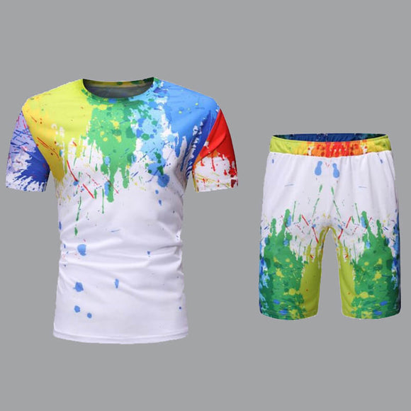 Mens Multi Color Print White Two-piece Shorts Set