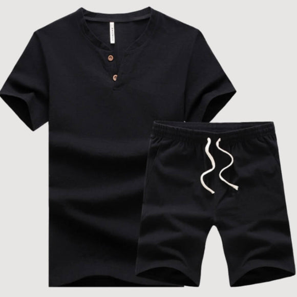 Men Lace-up Black Two-piece Shorts Set