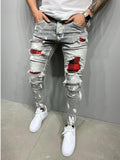 Men Red Checker Patch Damaged Skinny Jeans Gray