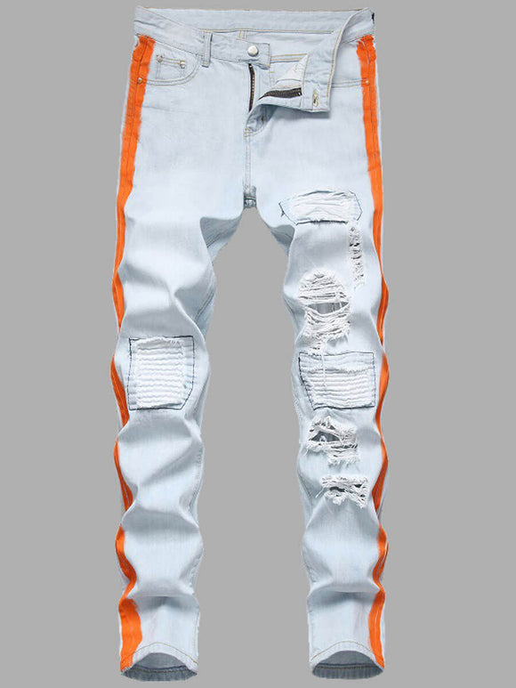 Men Striped Ripped PatchWork Baby Blue Jeans