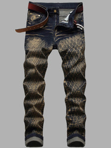 Men Mid Waist Faded Pattern Print Deep Blue Jeans