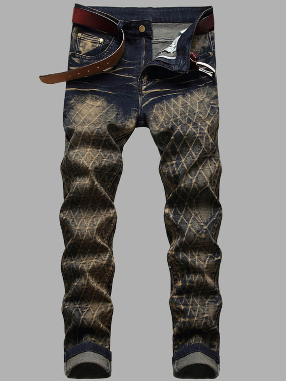 Men Mid Waist Faded Pattern Print Deep Blue Jeans