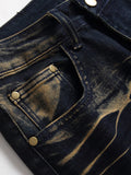 Men Mid Waist Faded Pattern Print Deep Blue Jeans