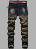 Men Mid Waist Faded Pattern Print Deep Blue Jeans