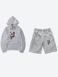 Mens Flower Print Hooded sweat Shirt Two Piece Shorts Set Grey