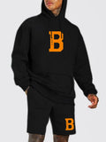 Mens Letter Print Hooded sweat Shirt Two Piece Shorts Set Black