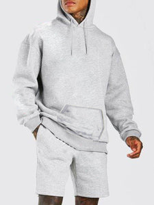 Mens Hooded sweat Shirt Two Piece Shorts Set Grey