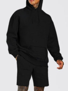 Mens Hooded sweat Shirt Two Piece Shorts Set Black