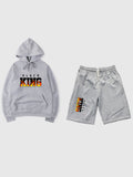 Mens Hooded sweat Shirt Two Piece Shorts Set King Printed Grey