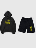 Mens Hooded sweat Shirt Two Piece Shorts Set King Printed Black