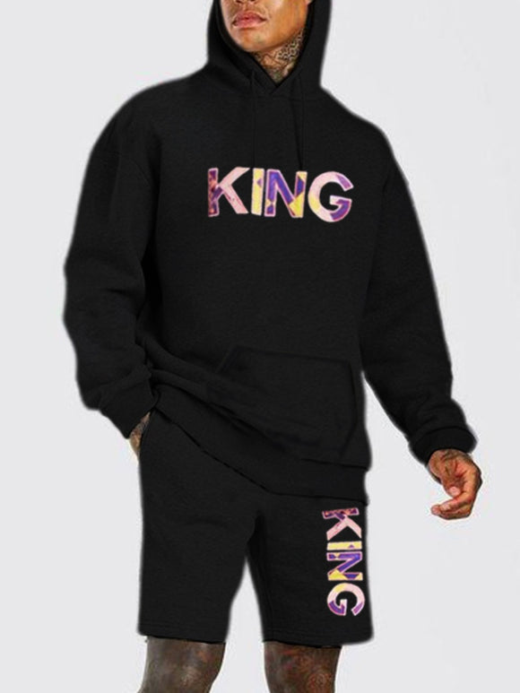 Mens Hooded sweat Shirt Two Piece Shorts Set Multi Color King Printed Black