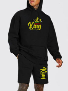 Mens Hooded sweat Shirt Two Piece Shorts Set King Printed Black