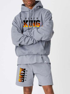 Mens Hooded sweat Shirt Two Piece Shorts Set King Printed Grey