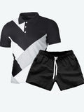 Men Two Piece Shorts Set Collar Shirt Black And White Patchwork