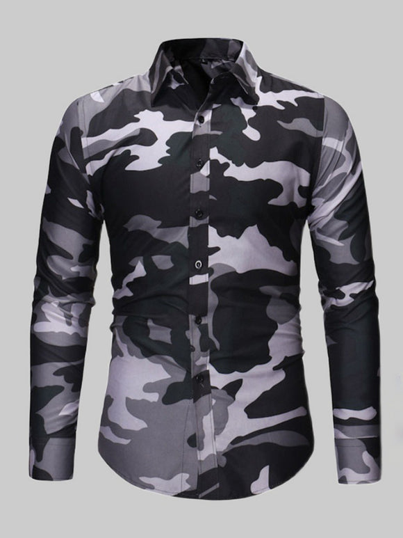 Men Gray Camo Print Long Sleeve Shirt