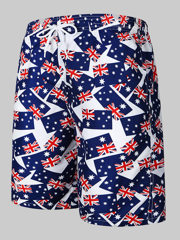 Mens Flag Print Elastic Waist Shorts