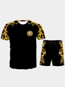 Men Two Piece Shorts Set Lion Print Black