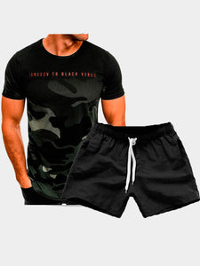 Men Two Piece Shorts Set Camo Black