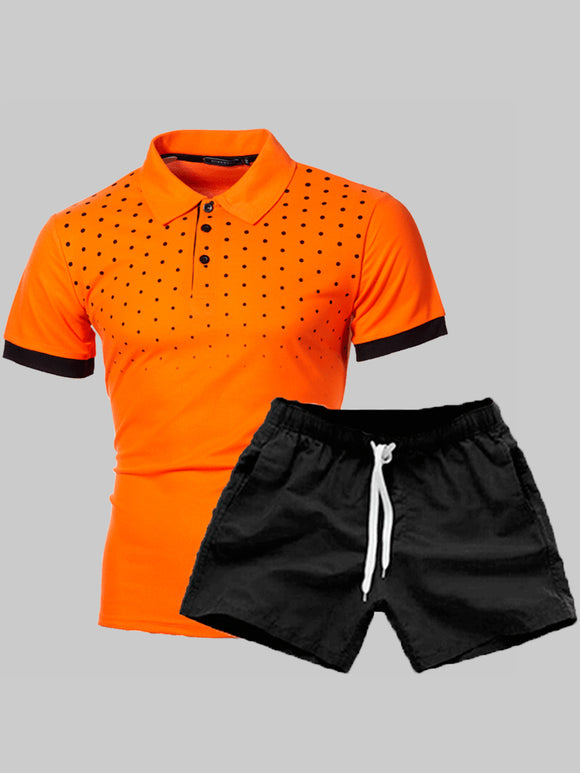 Men Two Piece Shorts Set Orange Polka-dot