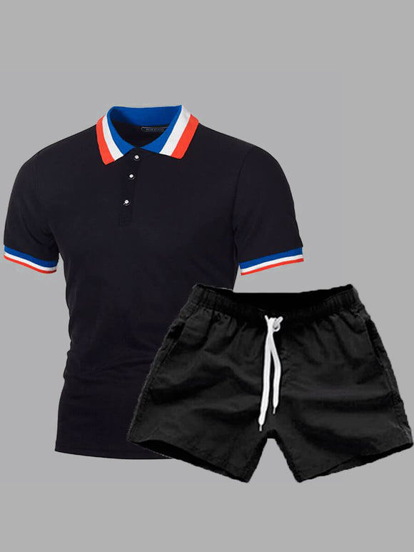 Men Two Piece Shorts Set Collar Shirt Black