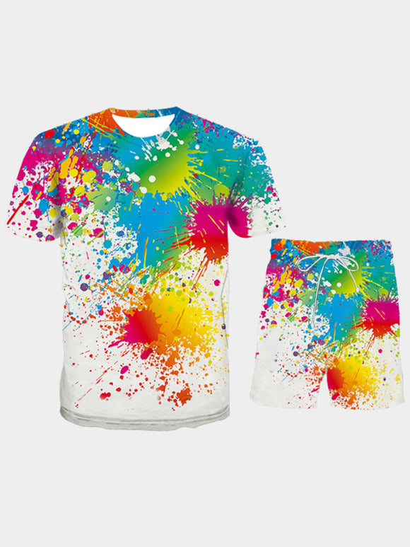 Men Two Piece Shorts Set Splash Ink Multicolor