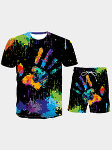 Men Two Piece Shorts Set Hand Print Multicolor