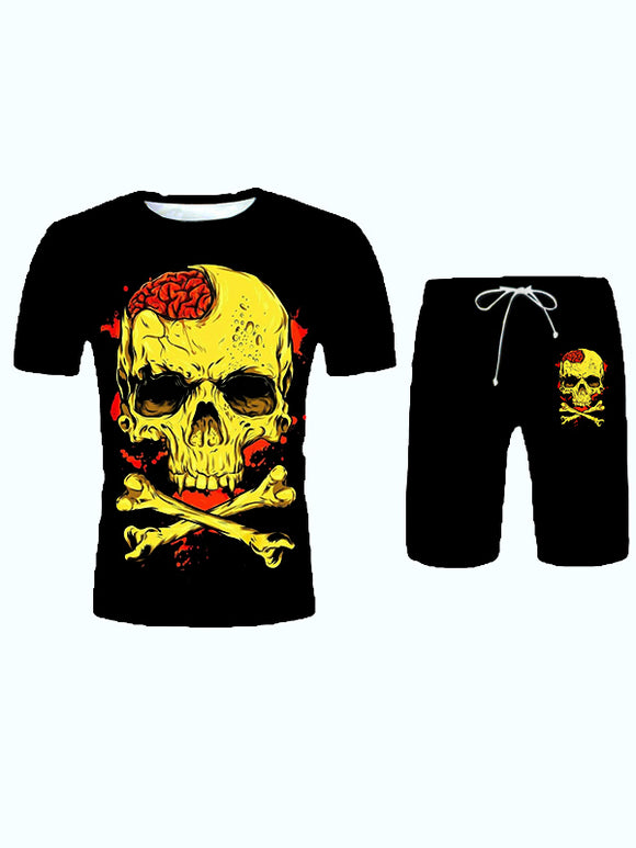 Men Two Piece Shorts Set Skeleton Print Black