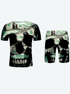 Men Two Piece Shorts Set Money Skull Print Black