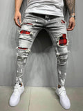 Men Red Checker Patch Damaged Skinny Jeans Gray