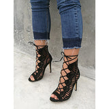 Women's Black Stiletto Gladiator laces up heels - vmlfashion-com