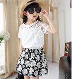 4-15Y Children girls Clothing sets teenage summer tracksuit for girl clothes sets 2pc Fashion Lace T shirt +Flower Skirts - vmlfashion-com