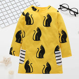 Cute Cat Print Striped Pockets Long-sleeve Dress for Toddler Girl