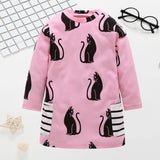 Cute Cat Print Striped Pockets Long-sleeve Dress for Toddler Girl