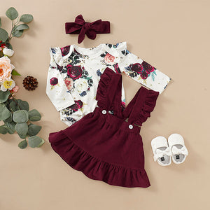 3-piece Baby Floral Print Bodysuit, Suspender Skirt and Headband Set