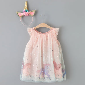 Baby / Toddler Girl Pretty Unicorn Decor Tulle Dress (No headband)