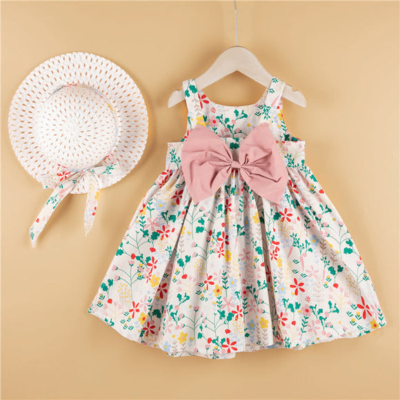 2-piece Baby / Toddler Girl Pretty Floral Print Bowknot Dress and Hat Set