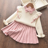 2-piece Baby / Toddler Bowknot Flounced Knitted Top and Pleated Skirt Set