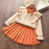 2-piece Baby / Toddler Bowknot Flounced Knitted Top and Pleated Skirt Set