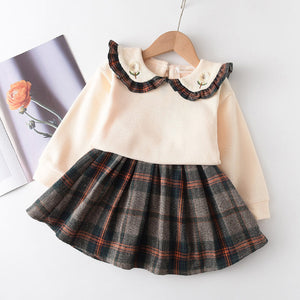 2-piece Baby / Toddler Embroidery Plaid Ruffled Top and Skirt Set