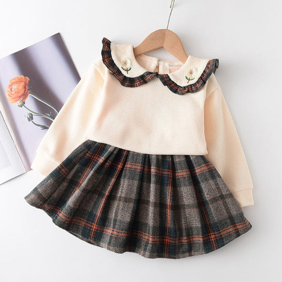 2-piece Baby / Toddler Embroidery Plaid Ruffled Top and Skirt Set