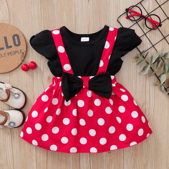 2-piece Baby/Toddler Girl Solid Ruffled Top and Bow Polka Dots Strap Skirt