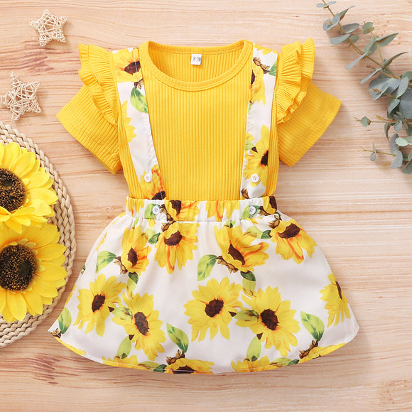 2pcs Toddler Girl Short-sleeve Cotton Sunflower Toddler sets