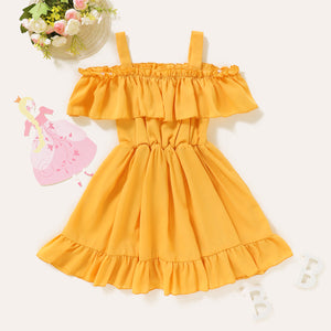 Toddler Girl Trendy Ruffled Off Shoulder Solid Dress