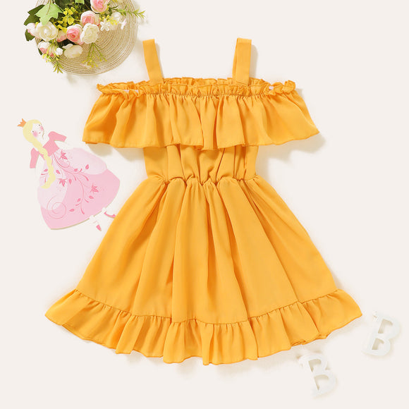 Toddler Girl Trendy Ruffled Off Shoulder Solid Dress